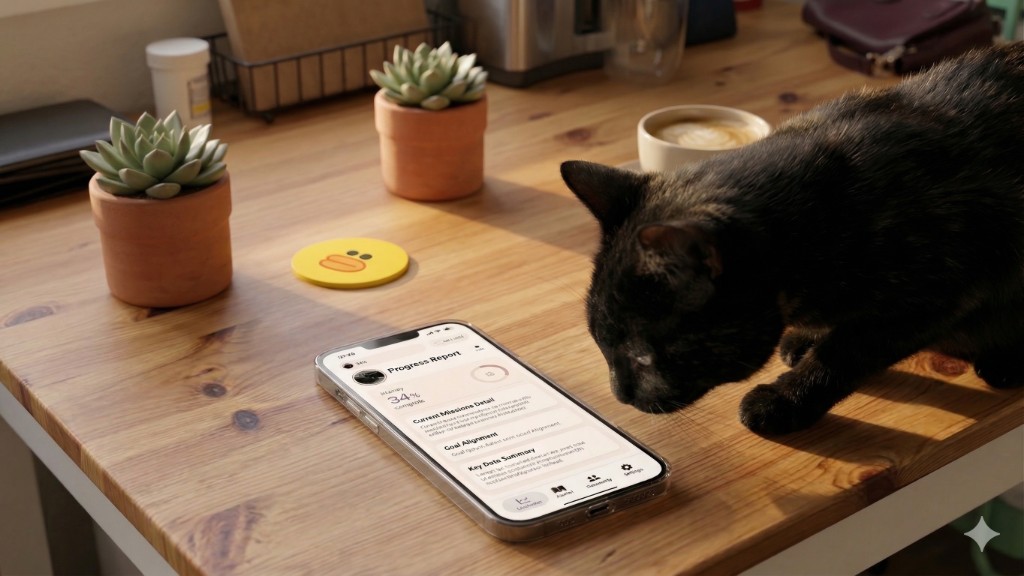A black cat on a sunlit wooden desk looks at an iPhone showing the NekoSense app; succulents and a coffee sit nearby.