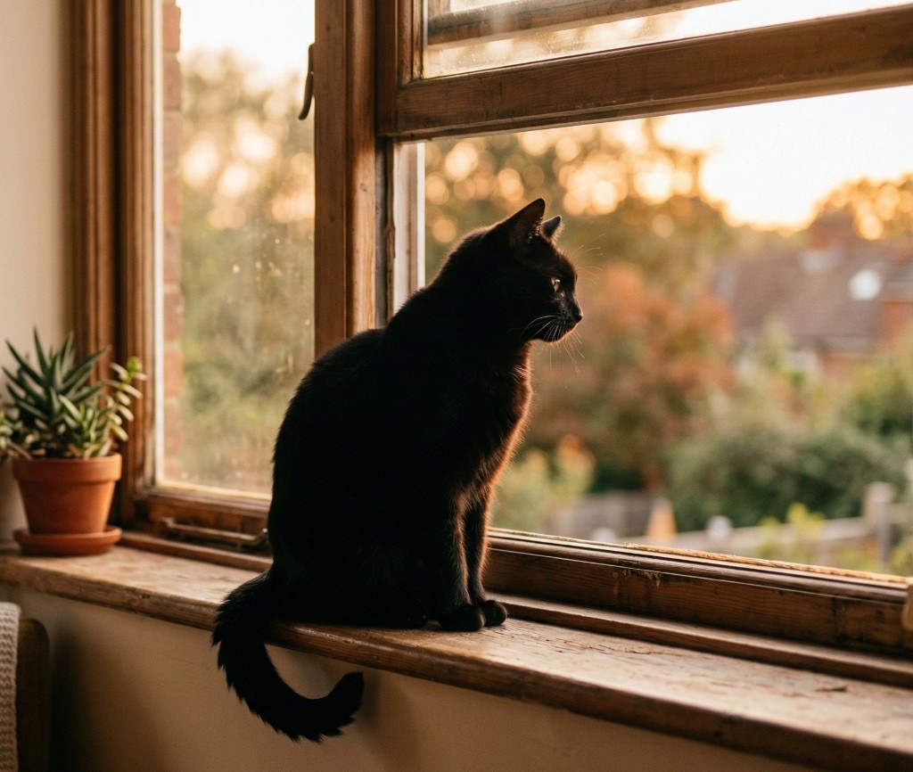 A black cat sits on a wooden windowsill at golden hour, gazing outside past a small succulent, with warm sunset light and soft trees in the distance.