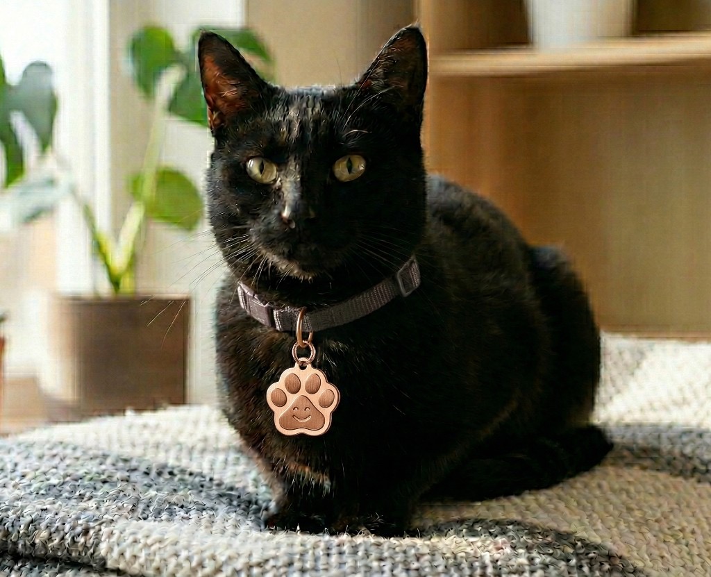 A black cat wearing the NekoSense paw-print clip-on on a soft collar, resting on a knit blanket with soft daylight and a plant in the background.